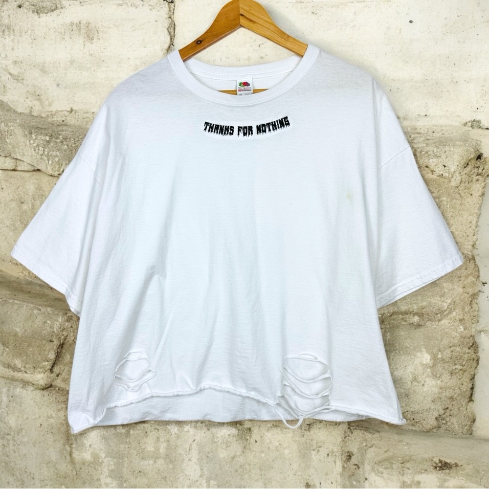 Thanks For Nothing Funny Graphic Boxy Crop Upcycled Distressed Short Sleeve Tee
